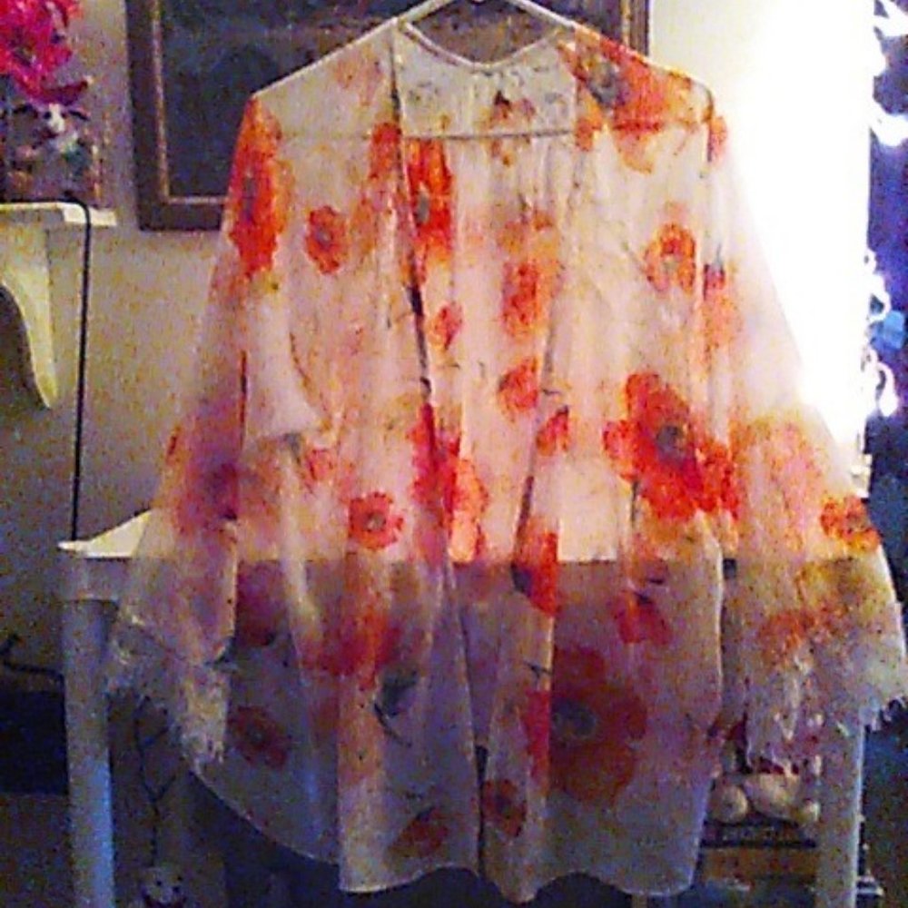 Soprano Cover Up Kimono S Tropical Vibes White Orange Floral Lace Detail